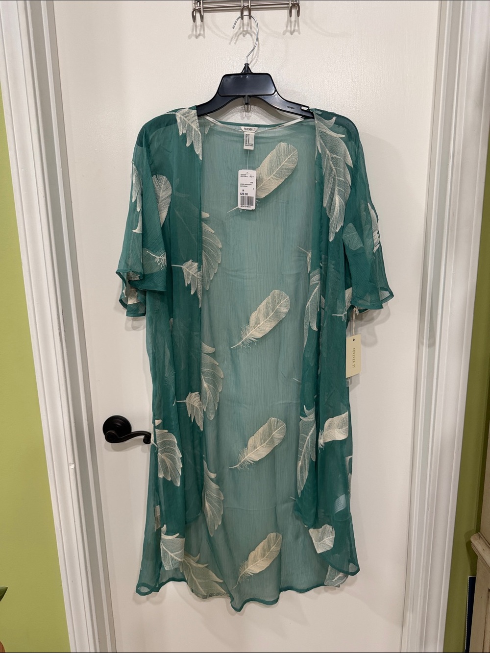 Lightweight Teal Feather-Print Kimono Dress